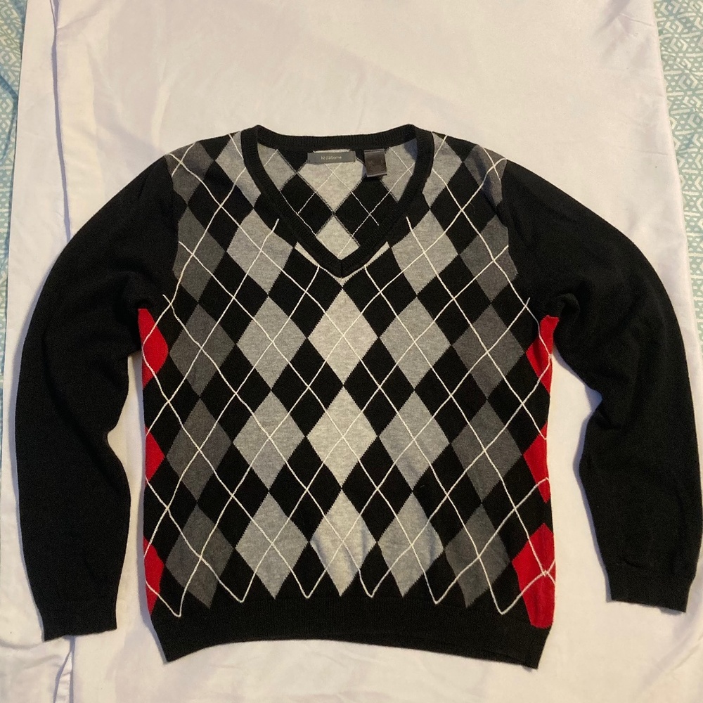 V-neck Checkered Black Grey and Red Sweater Woman L 100% cotton